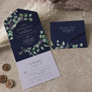 Rustikale Lavendel- und Eukalyptus-Hochzeit   Navy All In One Einladung
