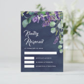 Rustikale Lavendel und Eukalyptus Navy Blue Weddin RSVP Karte (Stehend Vorderseite)