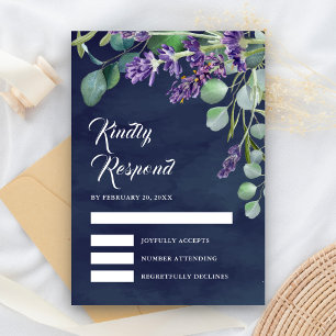 Rustikale Lavendel und Eukalyptus Navy Blue Weddin RSVP Karte