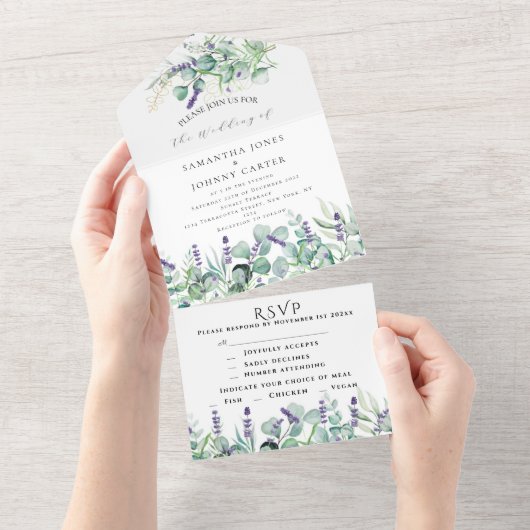 Rustikale Lavendel- und Eukalyptus-UAWG Wedding All In One Einladung (Abreißen)