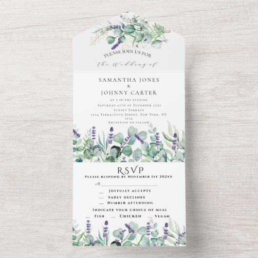 Rustikale Lavendel- und Eukalyptus-UAWG Wedding All In One Einladung (Innen Boden)