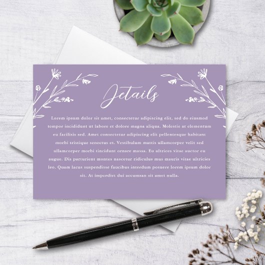Rustikale Lavendel Wildblume Hochzeitdetails Begleitkarte