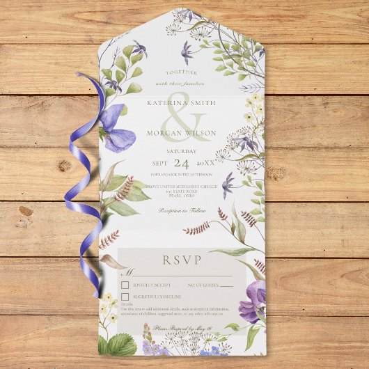 Rustikale Lavendelsäge Wildblumen Weiße Details All In One Einladung