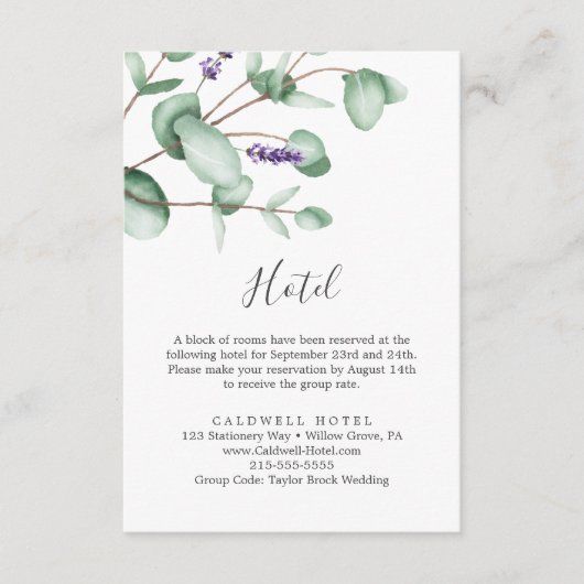 Rustikale Lavender & Eucalyptus Hotel Enclosure Ca Begleitkarte (Vorderseite)