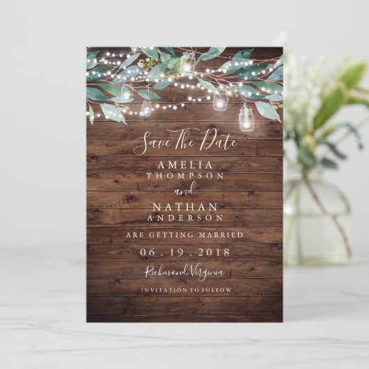 Rustikale Leaf String Lights Save the Date (Stehend Vorderseite)