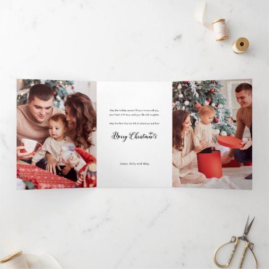 Rustikale Leinen & Happy Holidays Script Multiphot Dreifach Gefaltete Karte (Innenseite)