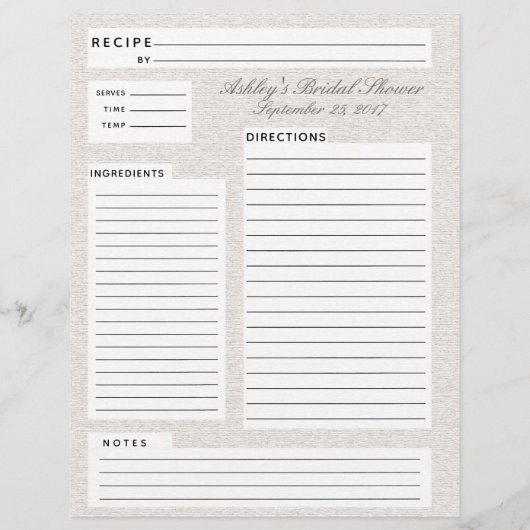 Rustikale Leinenrezeptur Beilage für Brautpartys (Rückseite)