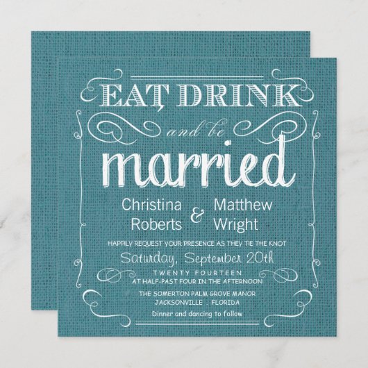 Rustikale Leinwand-aquamarine blaue Einladung (Vorne/Hinten)