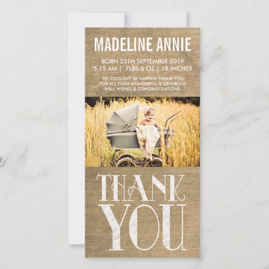 Rustikale Leinwand-Baby-Geburt danken Ihnen Foto Dankeskarte (Vorderseite)