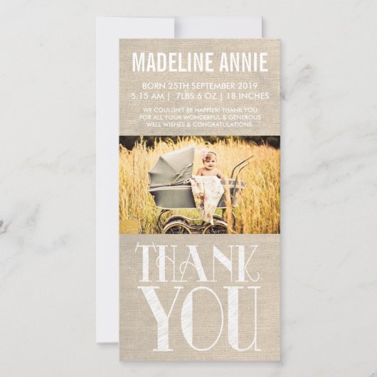 Rustikale Leinwand-Baby-Geburt danken Ihnen Foto Dankeskarte (Vorderseite)