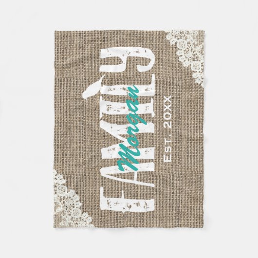 Rustikale Leinwand geschnürter Familienname Fleecedecke (Vorderseite)