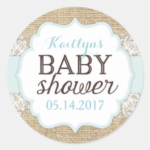 Rustikale Leinwand-Spitze-blauer Jungen-Babyparty Runder Aufkleber