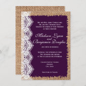 Rustikale Leinwand-Spitze-dunkle lila Einladung (Vorne/Hinten)