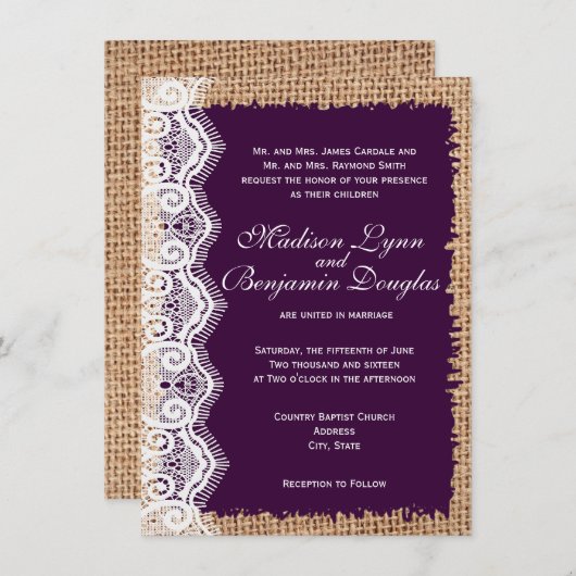 Rustikale Leinwand-Spitze-dunkle lila Einladung (Vorne/Hinten)