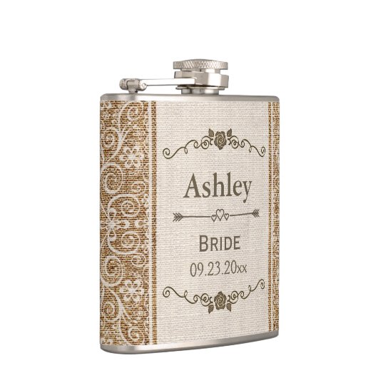 Rustikale Leinwand-Spitze-Hochzeits-Braut Flachmann (Rechts)