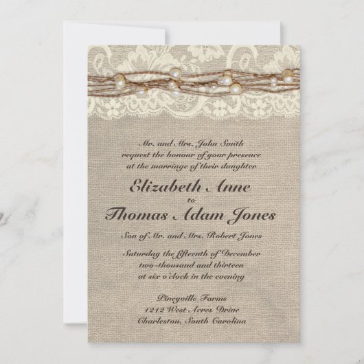 Rustikale Leinwand-Spitze perlt Einladung (Vorderseite)