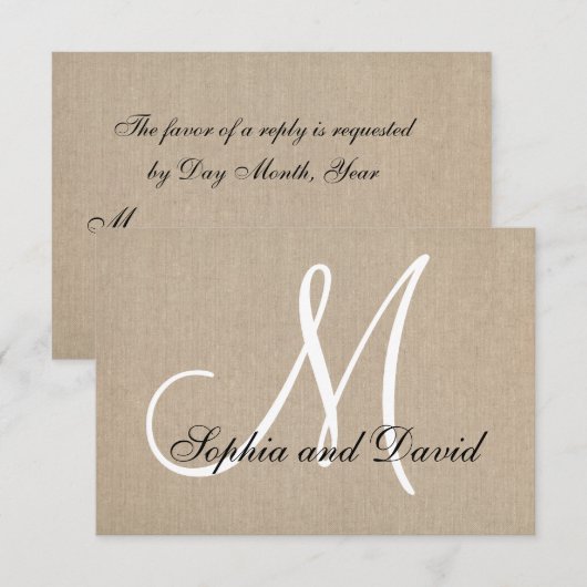 Rustikale Leinwand Wedding RSVP Monogram Card Karte (Vorne/Hinten)