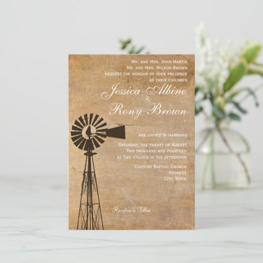 Rustikale Leinwand Windmill Wedding Einladung (Stehend Vorderseite)