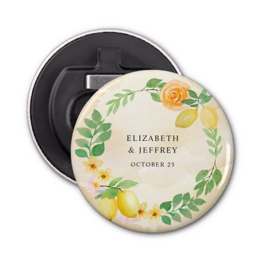 Rustikale Lemon Citrus Boho Sommerhochzeit Flaschenöffner (Vorderseite)