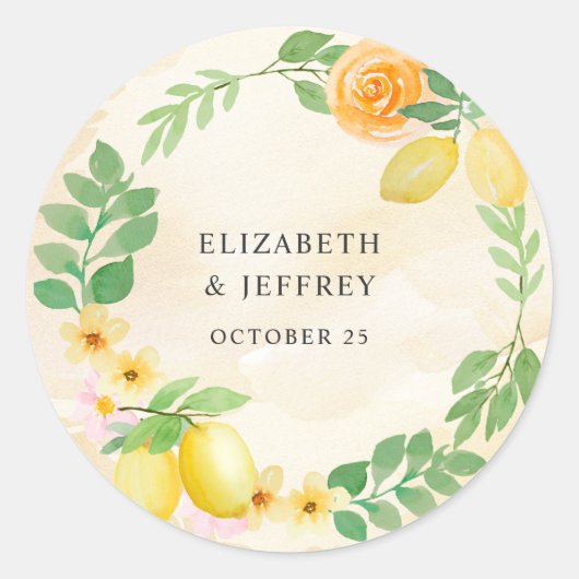 Rustikale Lemon Citrus Boho Sommerhochzeit Runder Aufkleber (Vorderseite)