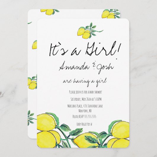 Rustikale Lemon Wasserfarbe Citrus Bunch Babydusch Einladung (Vorne/Hinten)