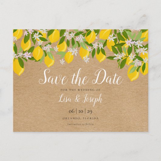 Rustikale Lemons Blossom Elegant Save the Date Ankündigungspostkarte (Vorderseite)