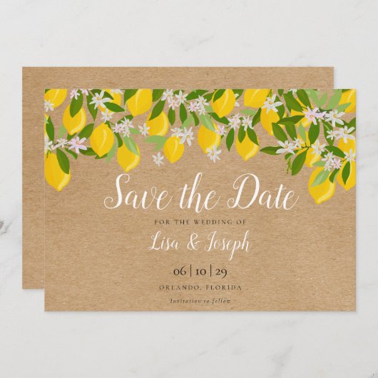 Rustikale Lemons Blossom Elegantes Skript Save The Date (Vorne/Hinten)