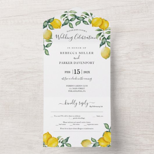 Rustikale Lemons Hochzeitseinladung in einem All In One Einladung (Innen Boden)