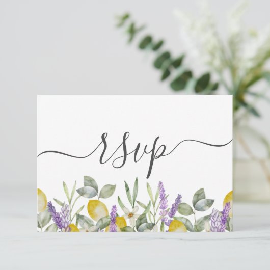 Rustikale Lemons & Lavender Wedding RSVP Karte (Stehend Vorderseite)