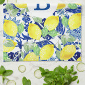 Rustikale Lemons und blaue Flora | Monogramm Geschirrtuch (Gefaltet)