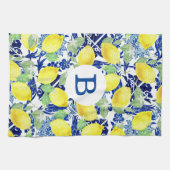 Rustikale Lemons und blaue Flora | Monogramm Geschirrtuch (Horizontal)