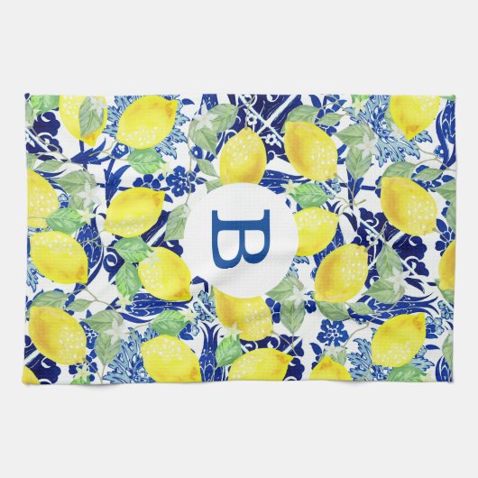 Rustikale Lemons und blaue Flora | Monogramm Geschirrtuch (Horizontal)