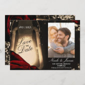 Rustikale Leuchten und dunkle Rote Rosen Save the  Einladung (Vorne/Hinten)