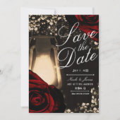 Rustikale Leuchten und dunkle Rote Rosen Save the Einladung (Vorderseite)