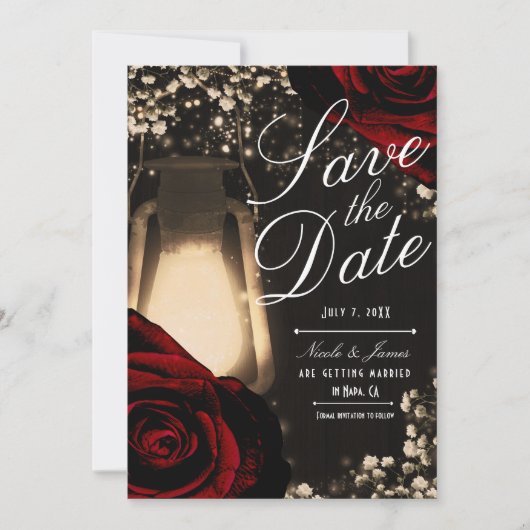 Rustikale Leuchten und dunkle Rote Rosen Save the  Einladung (Vorderseite)