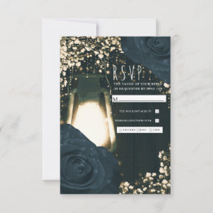 Rustikale Leuchtlaterne Blaue schwarze Rosen Hochz RSVP Karte