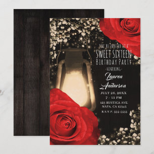 Rustikale Leuchtlaterne & Helle rote Rosen Sweet 1 Einladung