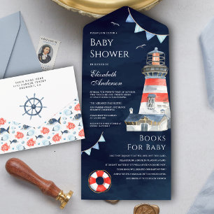 Rustikale Leuchtturm-Marine Navyblaue Babyparty All In One Einladung