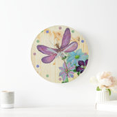 Rustikale Libelle Purple Blumen Blauer Wald Shabby Große Wanduhr (Zuhause)