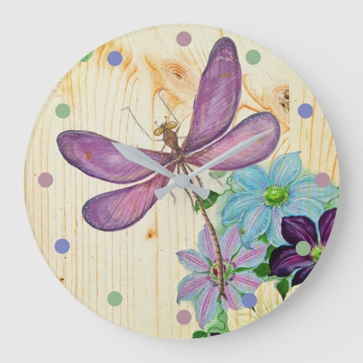 Rustikale Libelle Purple Blumen Blauer Wald Shabby Große Wanduhr (Vorderseite)