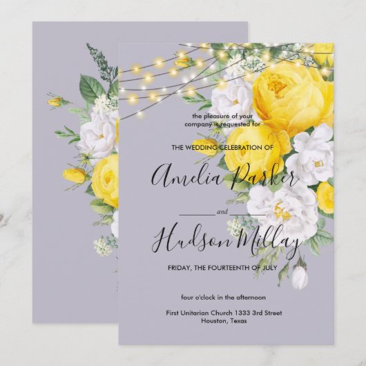 Rustikale Lichter Gelbe Blumenhochzeit Einladung (Vorne/Hinten)