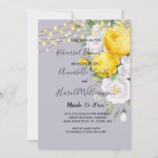 Rustikale Lichter Gelbe Probe Abendessen Einladung (Vorderseite)