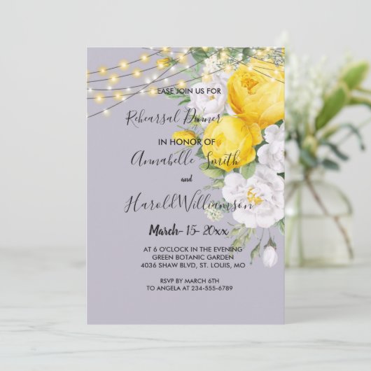 Rustikale Lichter Gelbe Probe Abendessen Einladung (Stehend Vorderseite)