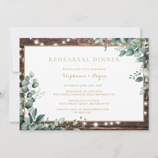 Rustikale Lichter Grüne Probe Abendessen Einladung (Vorderseite)