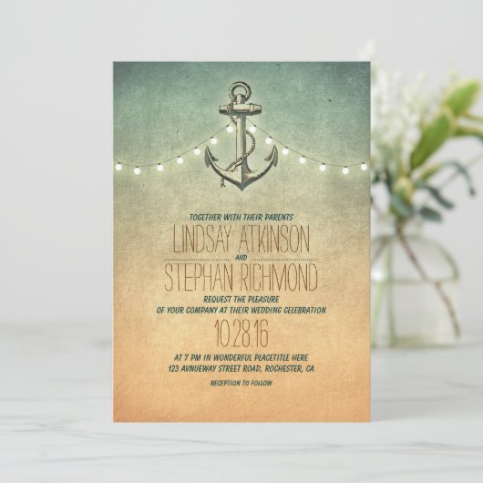 Rustikale Lichter Hochzeit für nautische Anker Einladung (Stehend Vorderseite)