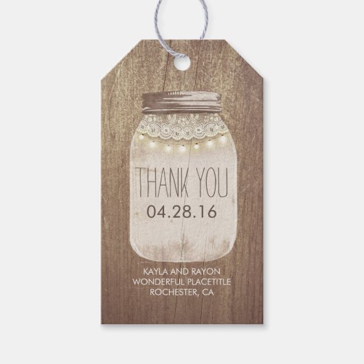 Rustikale Lichter Mason Jar Lace Wood Geschenkanhänger (Vorderseite)