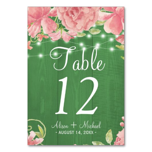 Rustikale Lichter Rosa-Pfingsteine Grüne Hochzeit Tischnummer (Vorderseite)