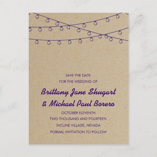 Rustikale Lichter Save the Date Lila Ankündigungspostkarte (Vorderseite)