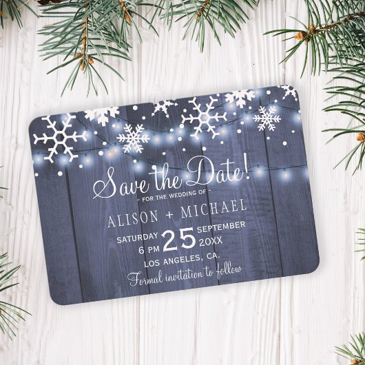 Rustikale Lichter Schneeflocken Winterhochzeit ret Save The Date