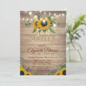 Rustikale Lichter, Sonnenblumen Holz süß 16 Party Einladung (Stehend Vorderseite)